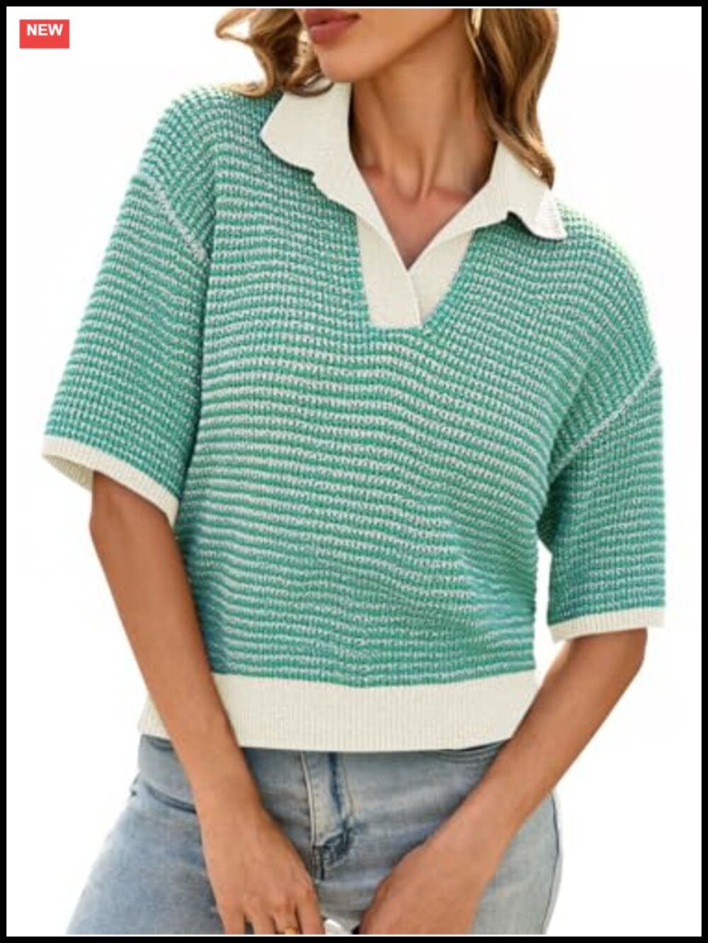 Womens Striped Cropped Sweater Short Sleeve Knit Pullover V-Neck